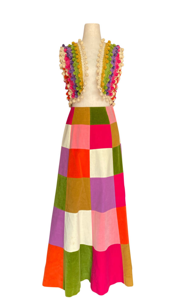 Vintage Velvet Patchwork Skirt And Pom Pom Vest
