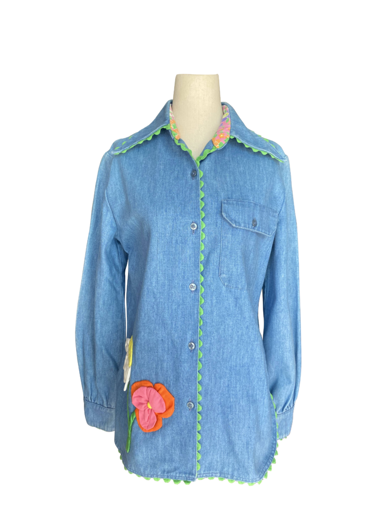 Vintage Denim Floral Applique Button Down Shirt - Beyond Haute