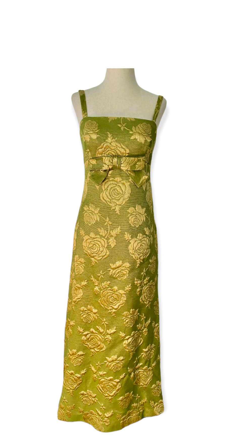Metallic Gold Rose Brocade Olive Green Maxi Dress - Beyond Haute